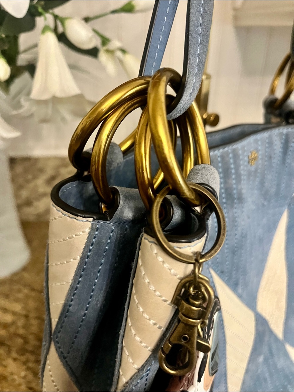 Tory Burch Patchwork suede blue and white Farrah tote - Picture 14 of 16